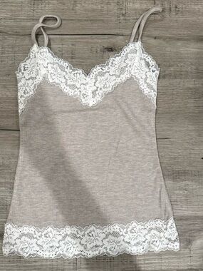 Edikted Beige Ribbed Lace-Trim Camisole